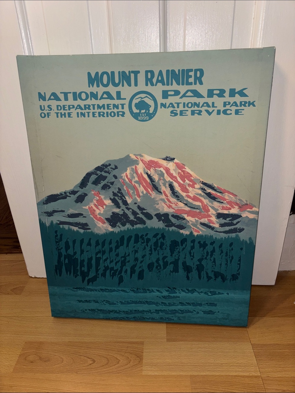 Mount Rainier National Park Vintage Poster Art - Teal & Pink